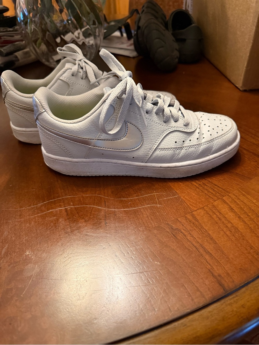 Nike Kids White Low-Top Sneakers with Silver Swoosh